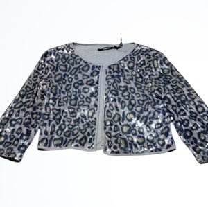 BlendShe Sequined Leopard Print Clasped Front Cardigan Size M Bust 34 Inches